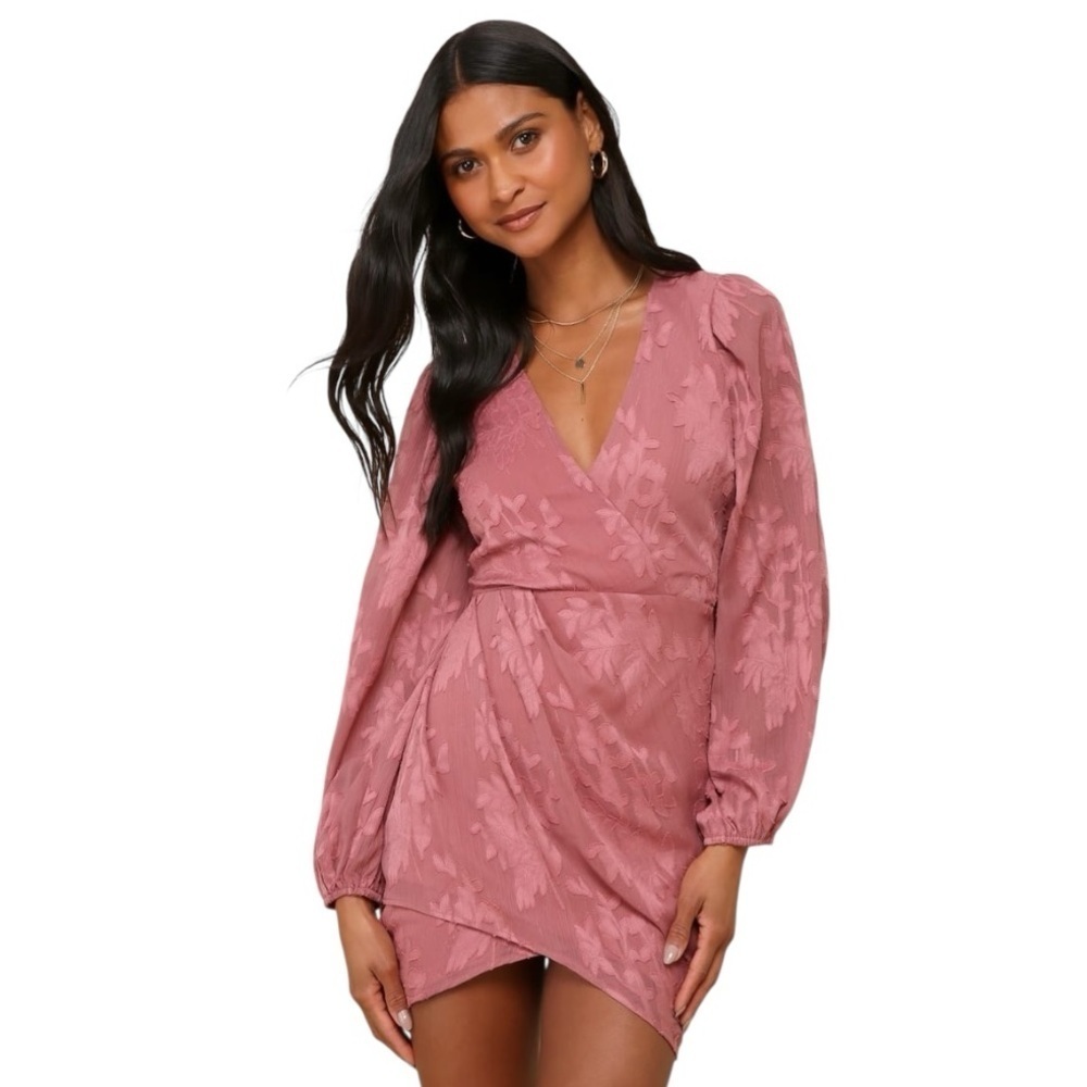 LULUS Meant to Shine Mauve Pink Floral Jacquard Long Sleeve Mini Dress M Party